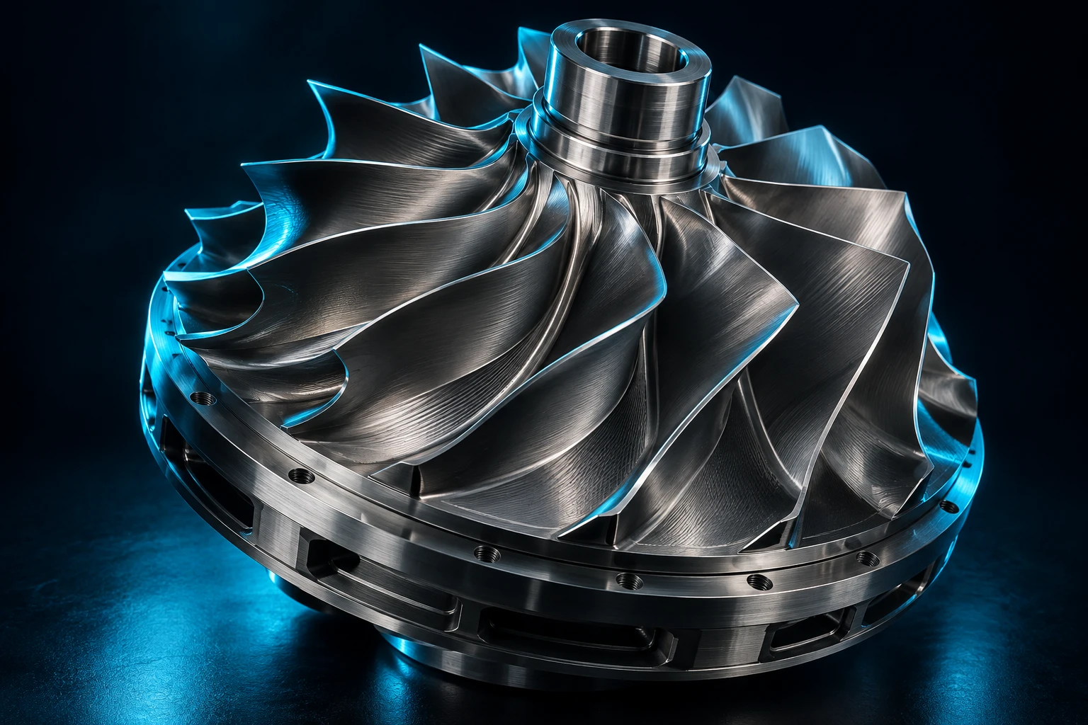 Precision machined titanium impeller with cyan lighting